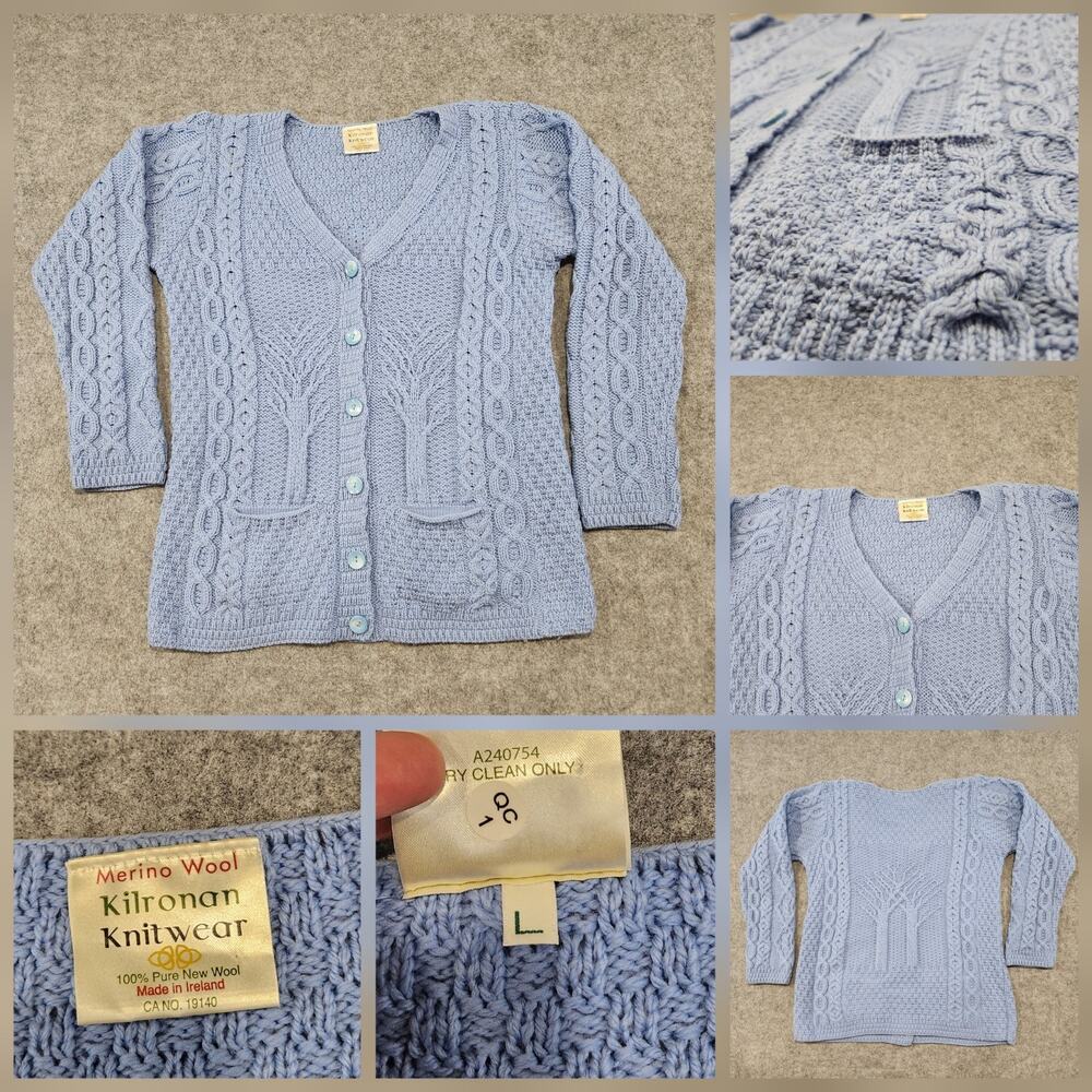 Kilronan‎ Knitwear Womens L Large 100% Merino Wool Cableknit Cardigan Sweater